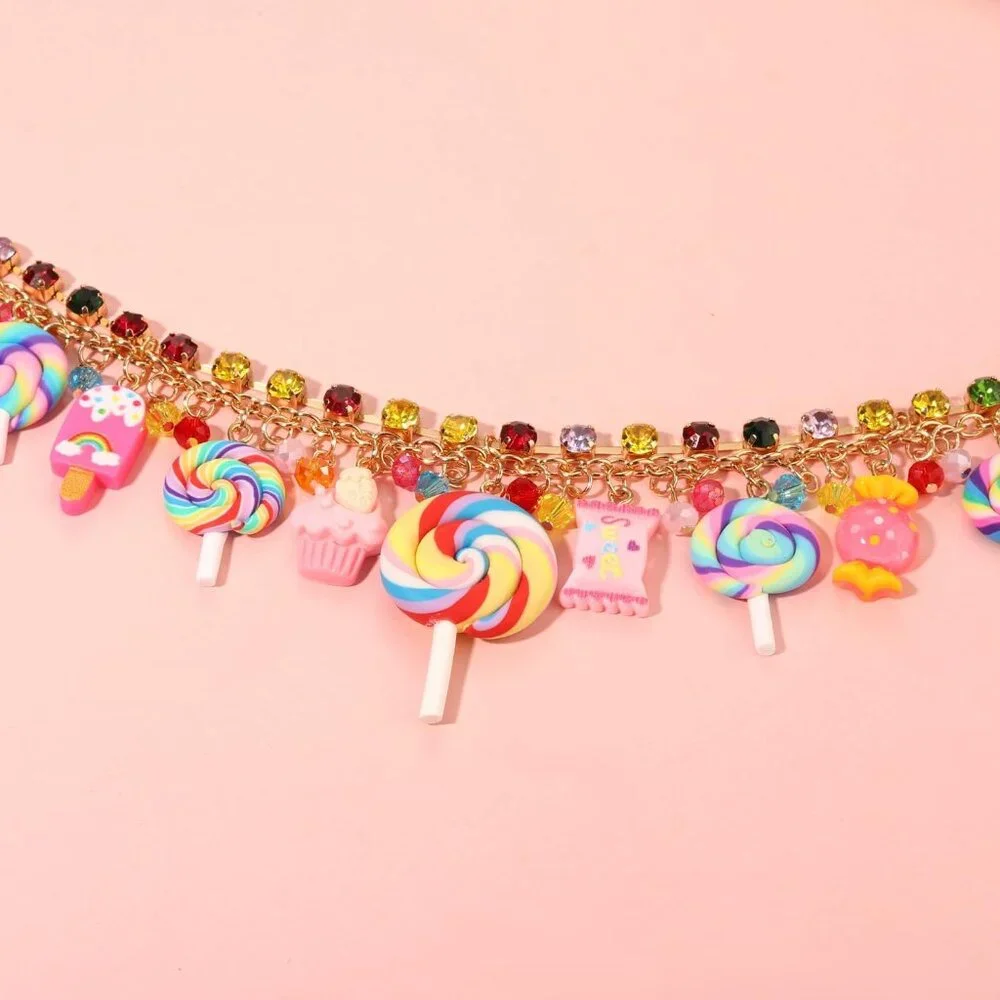 Candy Jewelry Set Alloy Crystal Lollipop Pendant Necklace Bangle for Women - Picture 5 of 6